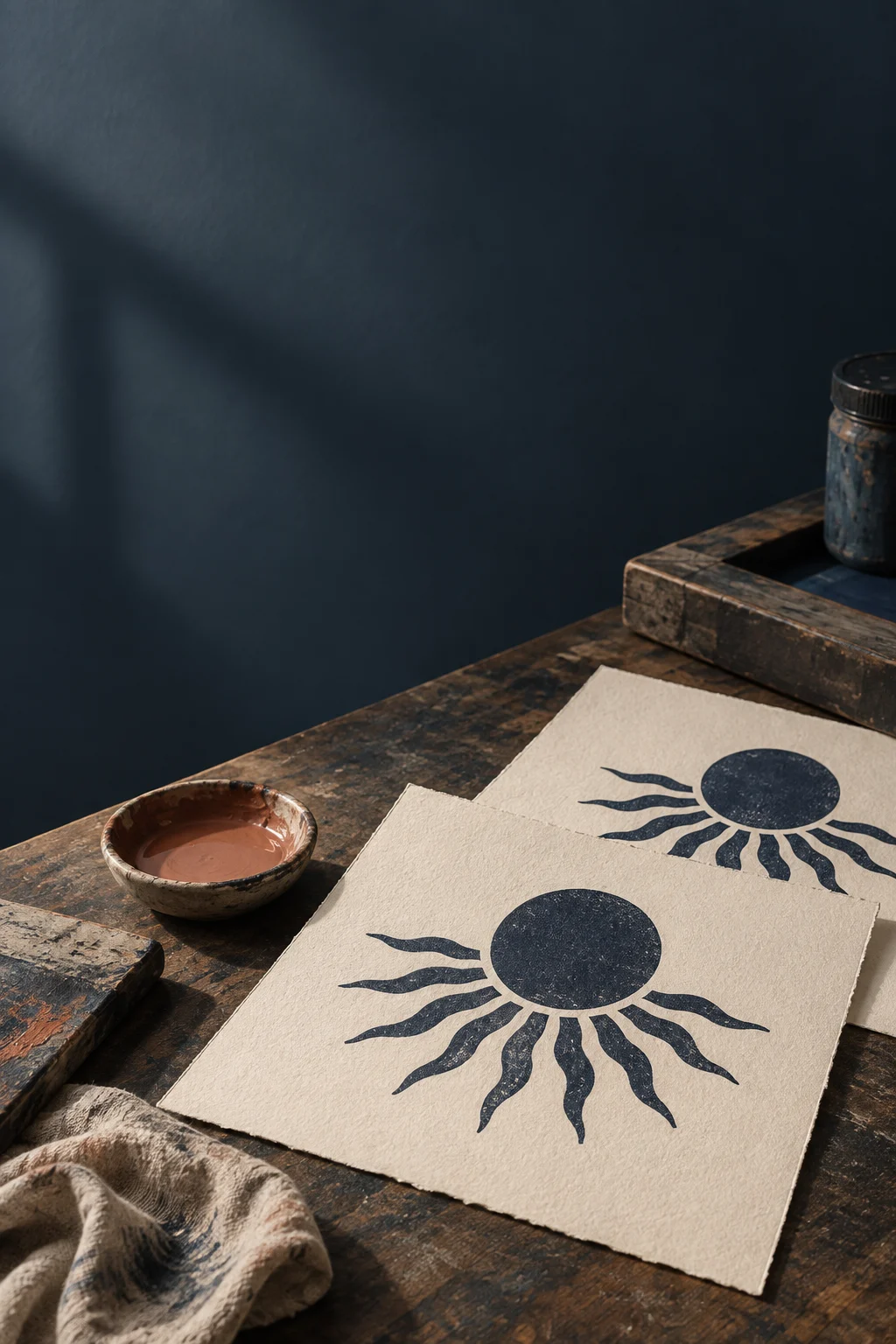 Two printed proof sheets on a workshop table
