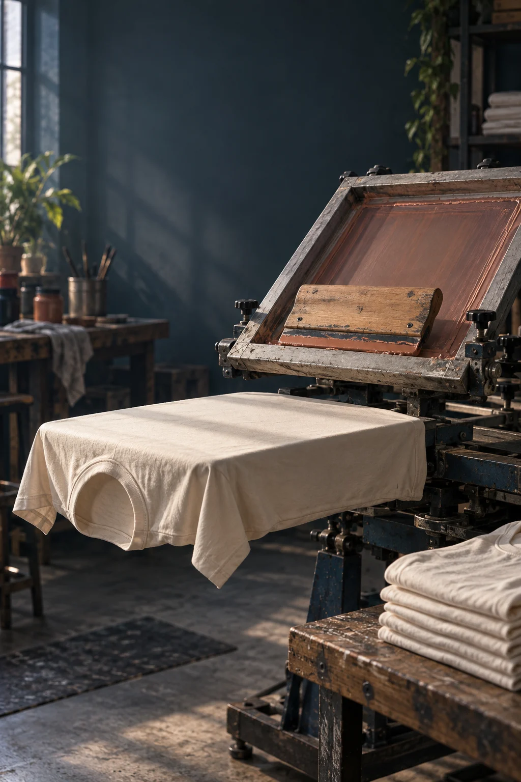 Screen-printing press, screen frame and a shirt on the platen