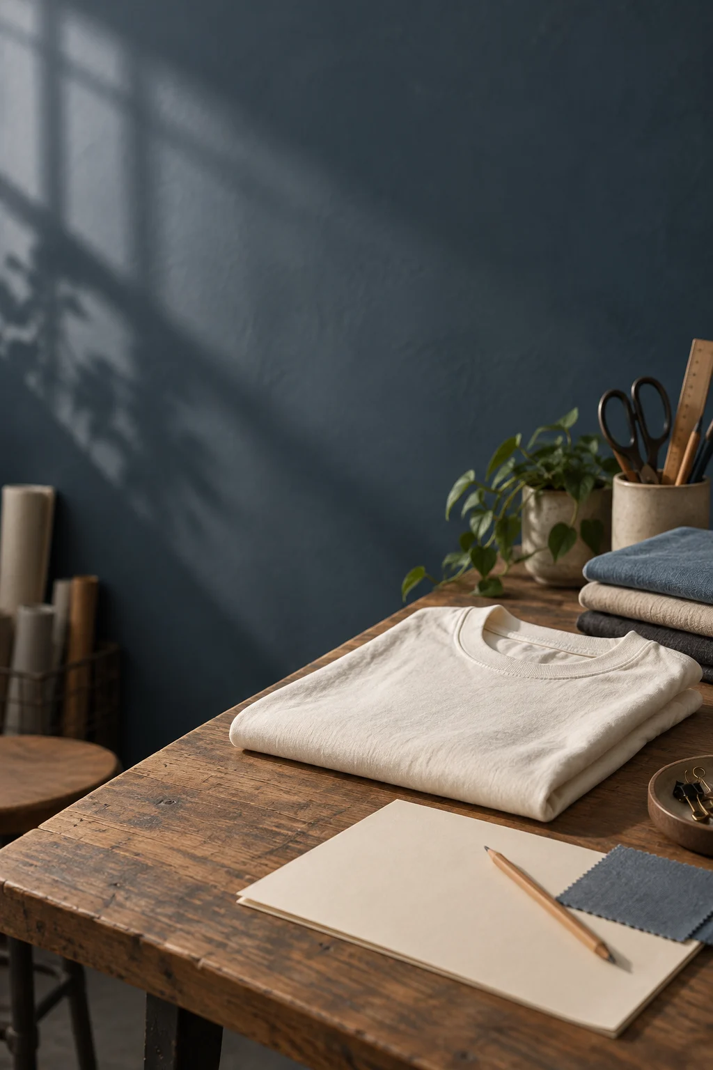 Blank garment, paper and fabric swatch on a workshop desk